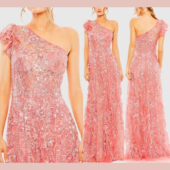 NWT MAC DUGGAL‎ [ 10 ] 68512 One Shoulder Flutter Sleeve Embellished Gown J811